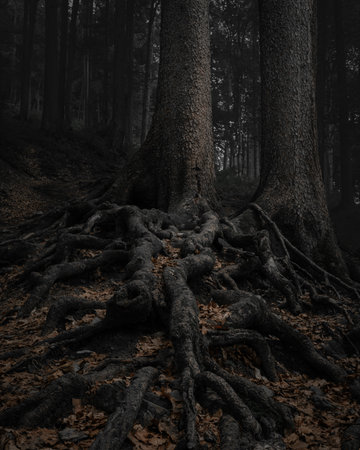 Gnarled roots of two large trees sprawl across the forest floor, surrounded by decaying leaves and deep shadows. The dense woodland and low light create a hauntingの写真素材