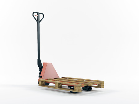 Fork pallet truck stacked with pallet isolated on white backroundの写真素材