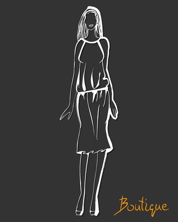 Stylized ink fashion model figure sketch. Boutique icon concept in outline. Hand drawing. のイラスト素材