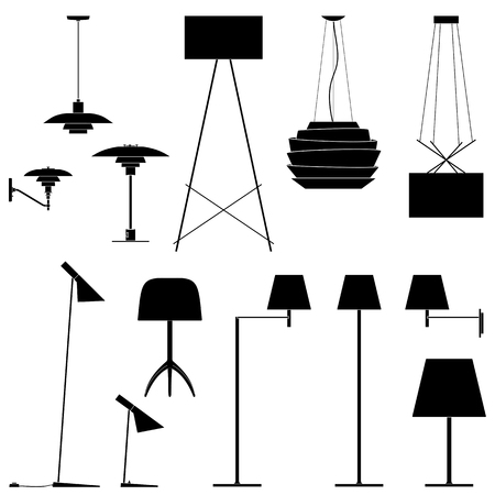 Set of different lamps. Black silhouette of floor lamps, table lamps and sconce. Vector illustration EPS10のイラスト素材