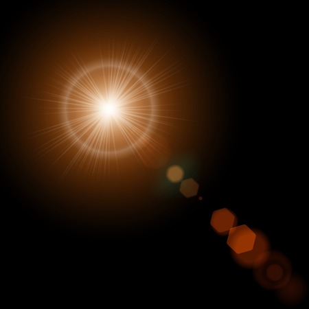 Summer sun with realistic lens flare lights and glow on black background. Vector illustration eps10のイラスト素材