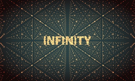 Digital perspective grid with glowing stars. Futuristic infinity illusion of depth. Abstract vector backgroundのイラスト素材