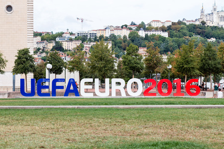 Lyon, France - August 9, 2015: view of inscription for UEFA EURO 2016 on Place Antonin Poncet, Lyon, Franceのeditorial素材