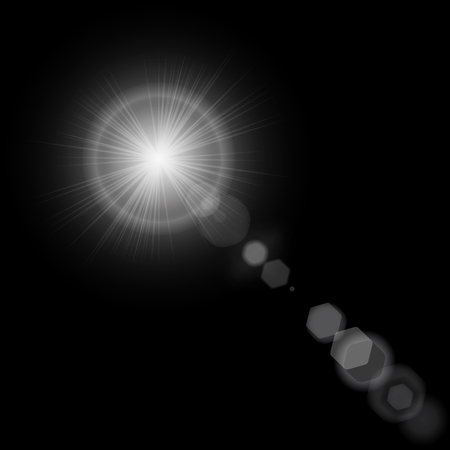 Summer sun with realistic lens flare lights and glow on black background. Vector illustration eps10のイラスト素材