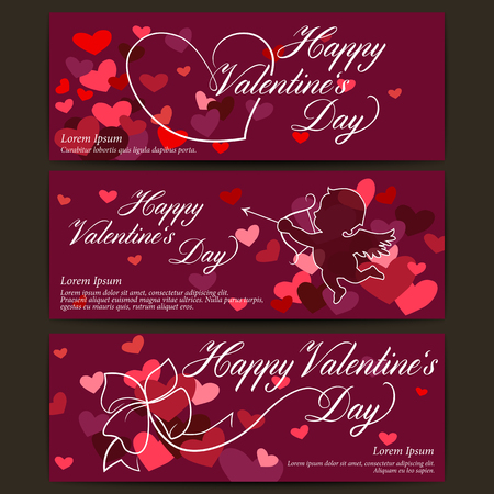 Happy Valentines day banners. Shiny hearts with ribbon bow. Cupid arrow. Vector backgroundのイラスト素材
