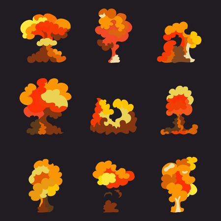 Comic book explosion effect with smoke, cartoon effect boom. Animation fire for game. Vector...
