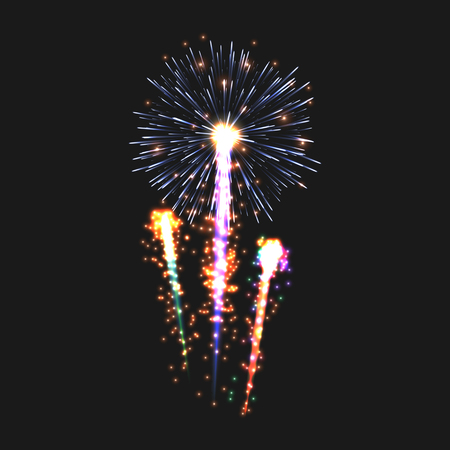Festive patterned firework bursting in various shapes sparkling pictograms set against black background abstract isolated. Graphic illustrationの写真素材