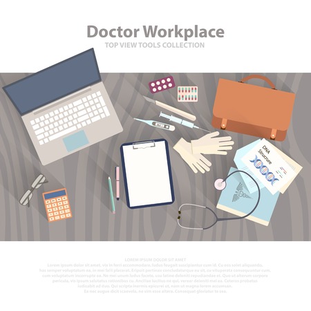 Flat health care and medical research background. Healthcare system concept. Medicine and chemical engineering.  First aid and diagnostic equipment. Vector eps10のイラスト素材