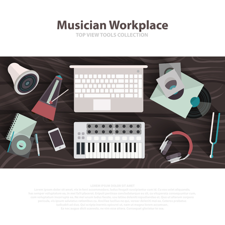 Musician workspace vector flat illustrations. Musician working cabinet with digital equipment. Sound art concept. Computer, headphones, sequencer, loudspeaker isolated on white background. Brown table. Vector eps10のイラスト素材