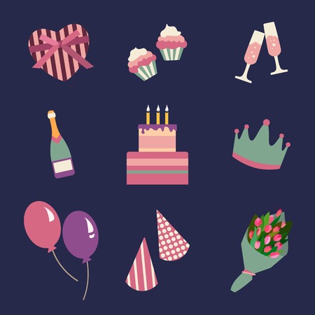 Birthday party icons set and celebration icon. Birthday collection symbols. Vector illustration eps10のイラスト素材