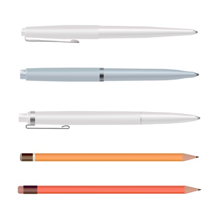 Pens and pencils isolated on white background, ballpoint pen, lead orange dot pencil with red rubber eraser, flat style stationery set. Cartoon design. Vector illustrationのイラスト素材