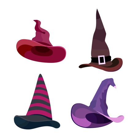 Witch hats with straps and buckles set. Vector illustration isolated on white background.のイラスト素材