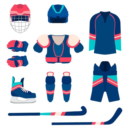Ice hockey sport equipment set. Vector ice hockey equipment in flat style. Isolated ice hockey equipment on white background. Ice hockey equipment template.のイラスト素材
