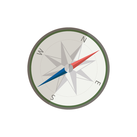Flat silver compass for traveler. UI element for design app. Geography equipment to determine north. Vector illustration.のイラスト素材