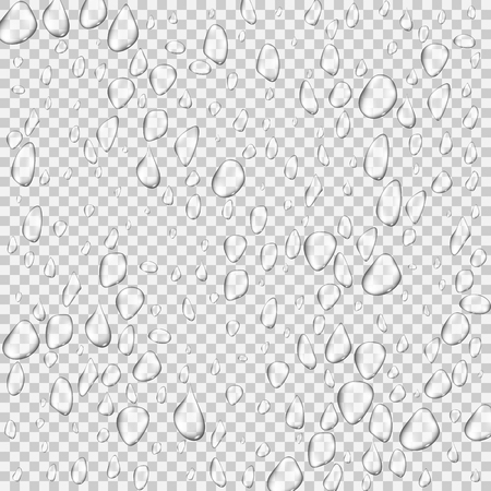 Different realistic transparent water drops. Glass bubble drop condensation surface on isolated background. Vector clean drop splash illustrationのイラスト素材