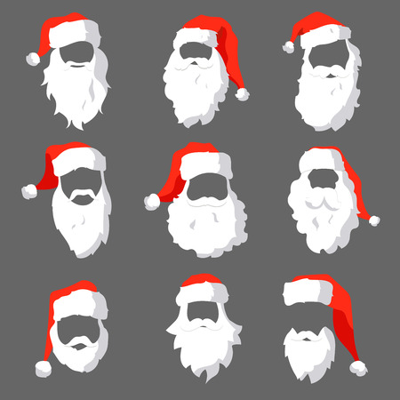 Different red Santa hats, moustache and beards template set. Christmas face elements for past your festive design. Vector hipster silhouette Santa Claus character on gray backgroundのイラスト素材