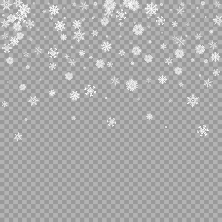 Realistic falling white snow overlay on transparent background. Snowflakes storm layer. Snow pattern for design. Snowfall backdrop texture. Vector illustrationのイラスト素材