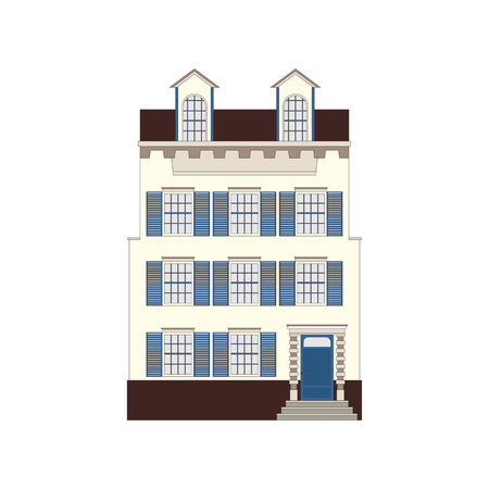 Beautiful detailed linear cityscape collection with townhouses. Small town street with victorian building facades. Template for web, graphic, game and motion design. Vector illustrationのイラスト素材