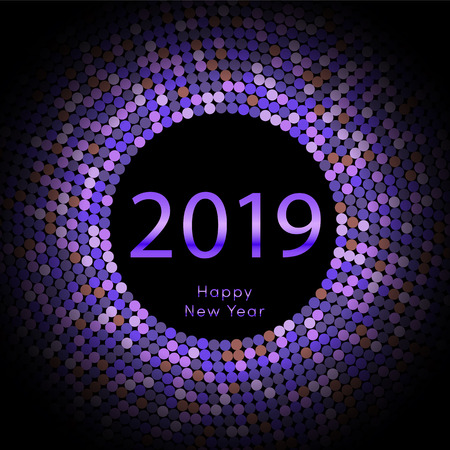 Violet discoball New Year 2019 greeting poster. Happy New Year circle disc with particle. Glitter orange dot pattern. Vector illustrationのイラスト素材