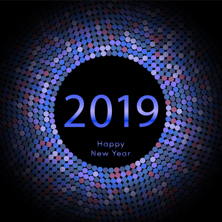 Blue discoball New Year 2019 greeting poster. Happy New Year circle disc with particle. Glitter red dot pattern. Vector illustrationのイラスト素材