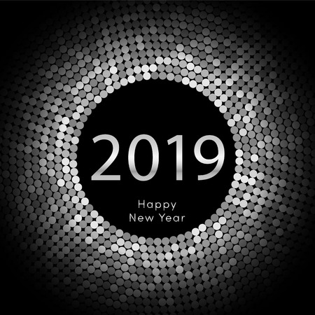 Silver discoball New Year 2019 greeting poster. Happy New Year circle disc with particle. Glitter gray dot pattern. Vector illustrationのイラスト素材