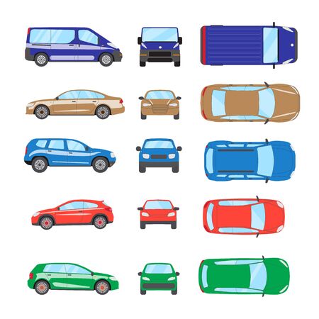 Different transportation car. Sedan car, hatchback, universal car, suv, van, mini car set. Vehicle collection in top, front, side view. Auto concept cartoon design. Vector illustrationのイラスト素材