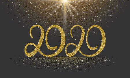 Happy New Year 2020 glitter lettering numbers with stars and sparkles on black background. Holiday greetings happy new year banner with fireworks and light rays.のイラスト素材