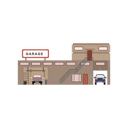 Cartoon garage exterior in flat style front view. Storage repair room with auto equipment. Car auto service station icon. Vector illustration transportation workshopのイラスト素材
