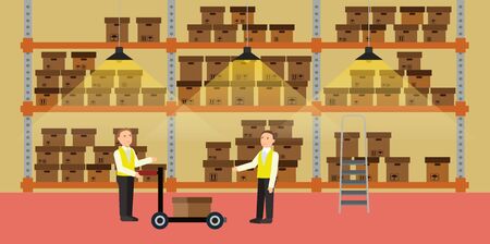 Warehouse interior shelves with boxes. Storage business goods concept. Vector illustrationのイラスト素材