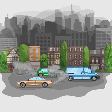 Polluted city from car exhaust. Fumes smog in town. Vehicle gas smoke. Vector illustrationのイラスト素材