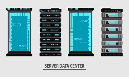 Set of various cartoon server racks, server rack room collection of elements for design flat vector illustrationのイラスト素材