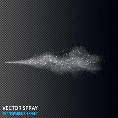 Transparent water spray cosmetic set with dust and dots. White 3d fog spray effect isolated on background. Vector spray smoke effectのイラスト素材