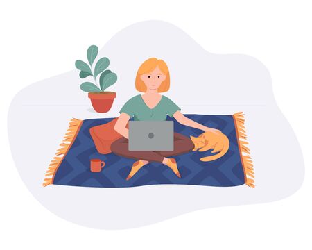 Freelance woman work from home comfortable space on carpet with computer and cat flat style vector illustration isolated on white. Freelancer girl self employed concept working online.のイラスト素材