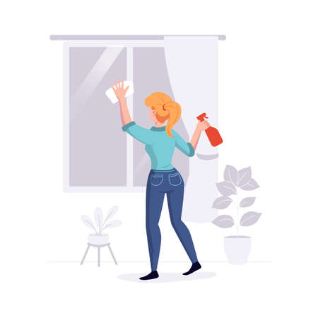 Cleaning professional staff cleans the house. Woman from the cleaning service washes the windows duties offer. Vector illustration.のイラスト素材