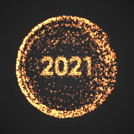 Happy New Year 2021 circle poster. Particle fireworks holiday dot concept. Graphic golden new year poster. Vector sparkle light illustration eps10のイラスト素材