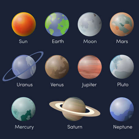 Cartoon planets set in solar system isolated on space background. Vector illustration
