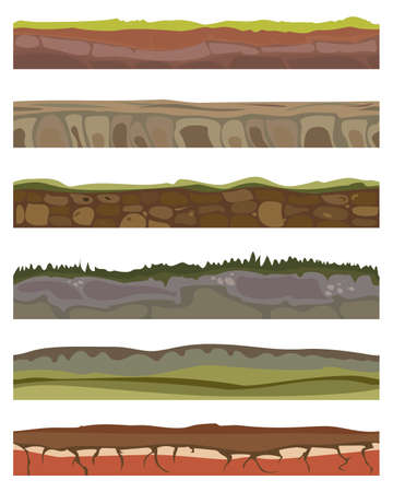 Seamless various sliced soil grounds for ui game. Soils foreground land area in cartoon style with blades of grass, rocks layers. Vector illustrationのイラスト素材