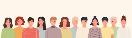 Group of smiling people standing together in line on isolated background. Portrait happy crowd persons. Vector illustration flat styleのイラスト素材