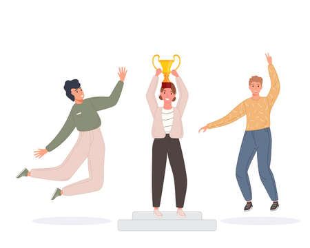 Happy competition champions holding golden cup. Success people winners awarded trophy. Vector illustration business team conceptのイラスト素材