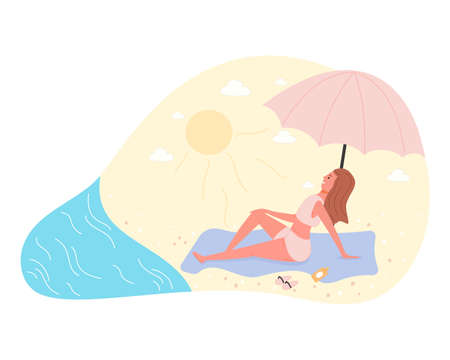 Hot summer outdoor recreation on sand beach. Woman sunbathing near coastline. Vector illustration summer time vacationのイラスト素材