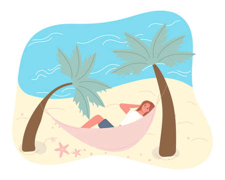 Hot summer outdoor recreation on sand beach. Woman sunbathing on hammock. Vector illustration summer time vacationのイラスト素材