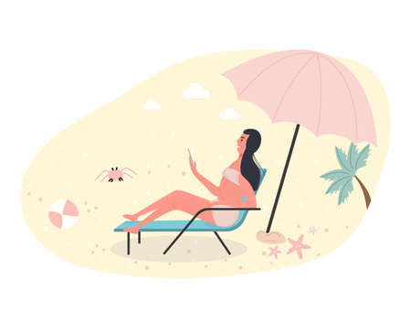 Hot summer outdoor recreation on sand beach. Woman sunbathing and read news. Vector illustration summer time vacationのイラスト素材