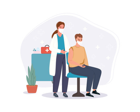 Medical doctor in clinic giving senior man injection  virus vaccine. Immunity health vaccination concept in hospital.のイラスト素材