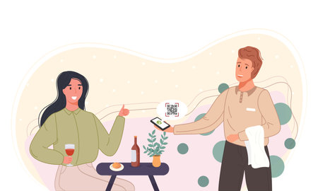 Characters using mobile payment system with scan qr code. Vector illustrationのイラスト素材