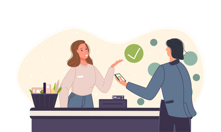 Characters using mobile payment system with scan qr code. Vector illustrationのイラスト素材