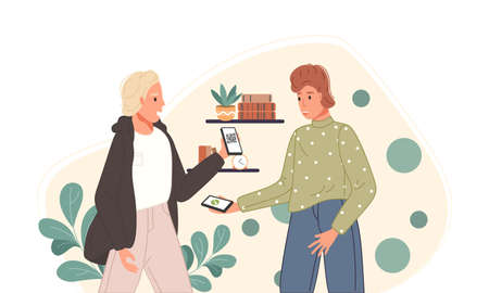 Characters using mobile payment system with scan qr code. Vector illustrationのイラスト素材