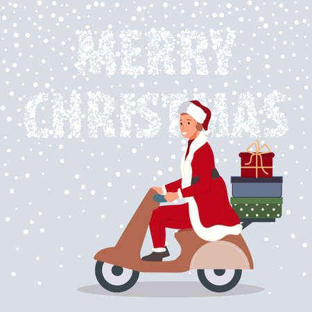Happy man with Christmas gifts on motorbike. Male wearing in Santa Claus clothes on snow background Merry Christmas concept. Vector illustrationのイラスト素材