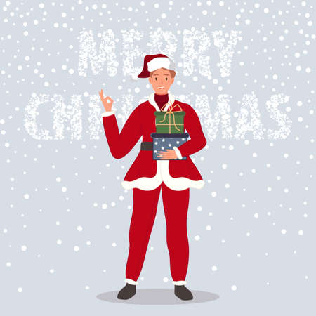 Happy man with Christmas gifts. Male wearing in Santa Claus clothes on snow background Merry Christmas concept. Vector illustrationのイラスト素材