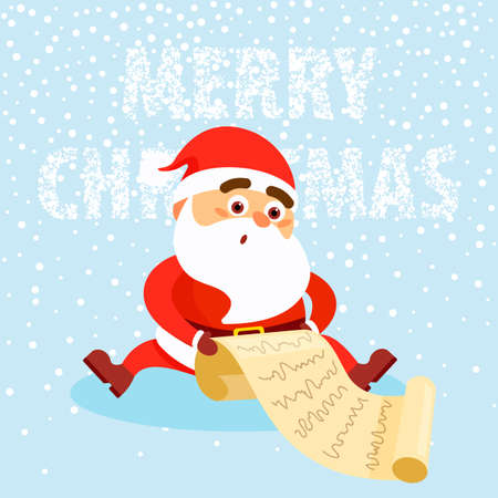 Happy man wearing in Santa Claus clothes read letter on snow background Merry Christmas concept. Vector illustration in flat styleのイラスト素材