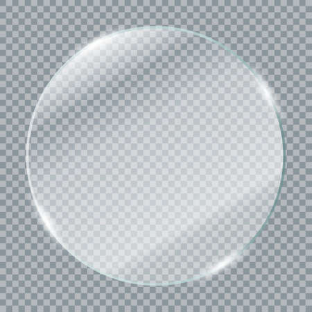 Transparent glass plates. Realistic transparent glass window in round frame. Vector illustrationのイラスト素材